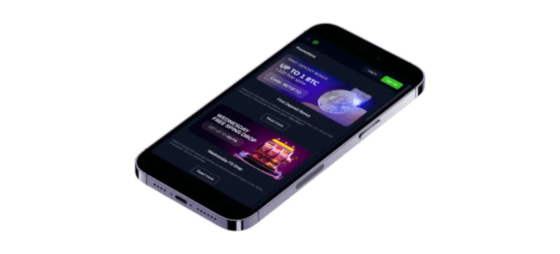 Bets.io-mobiilisivusto iPhonen näytöllä, esillä bonustarjouksia kuten 100 % bonus 1 BTC:hen asti.