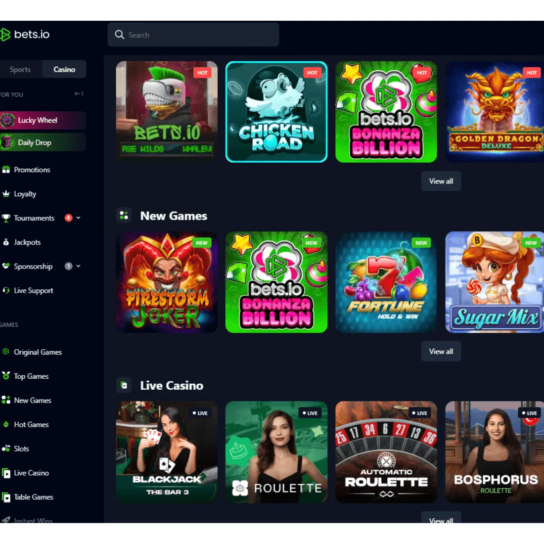 Näkymä Bets.io-kasinon pelivalikoimasta, mukana pelejä kuten Firestorm Joker, Bonanza Billion ja livekasinopelejä.