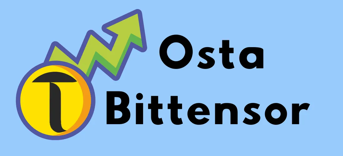 Osta Bittensor -kuvitus, jossa TAO-tokenin logo ja vihreä ylös osoittava nuoli sinisellä taustalla.