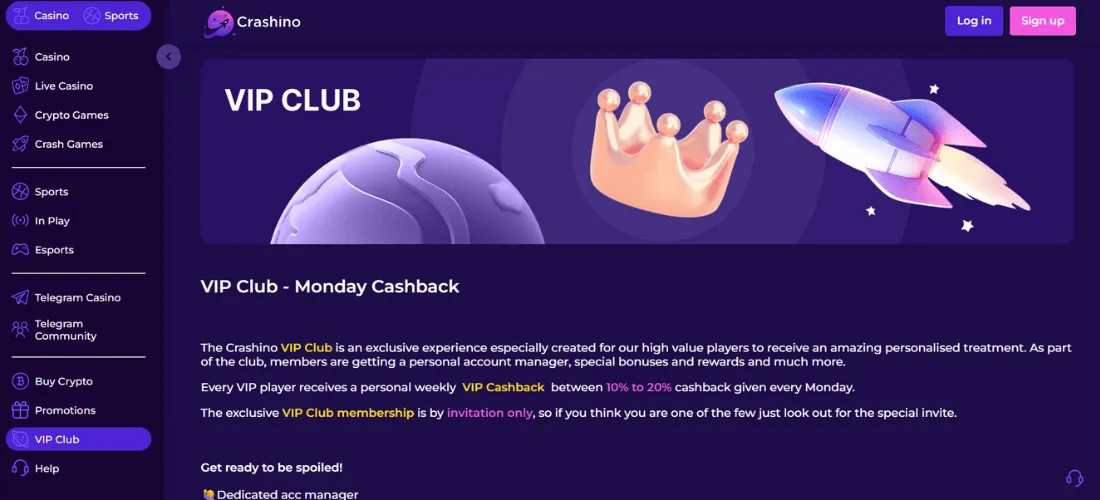 Crashinon VIP Club -sivu, jossa esitellään maanantain cashback ja VIP-jäsenyyden edut