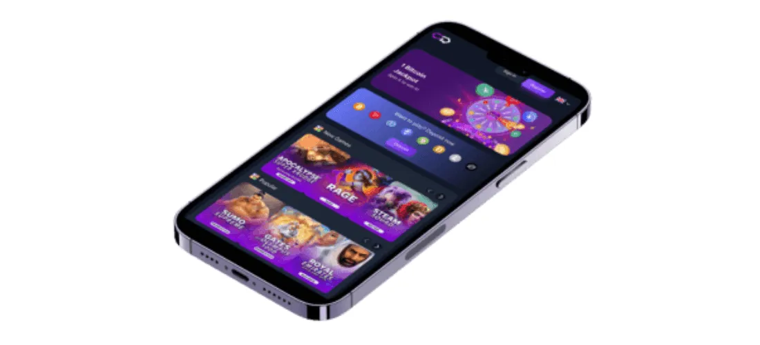 Crypto-games.io:n mobiilisivusto iPhonessa, esillä kolikkopelit ja onnenpyöräbonus.