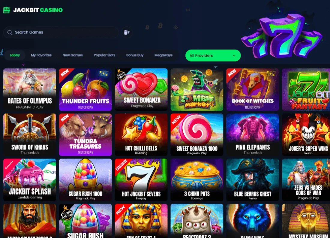 Jackbit Casinon kolikkopelivalikoima, jossa esillä uusia ja suosittuja pelejä