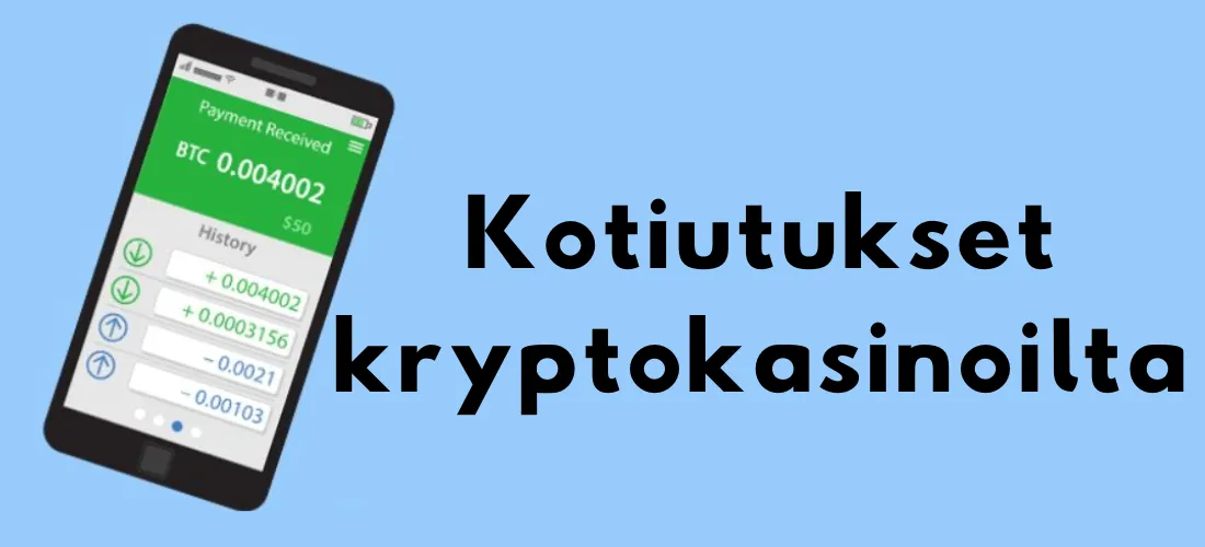 Kotiutukset kryptokasinoilta -kuvake, jossa näkyy älypuhelin ja Bitcoin-siirtoja sekä teksti vaaleansinisellä taustalla