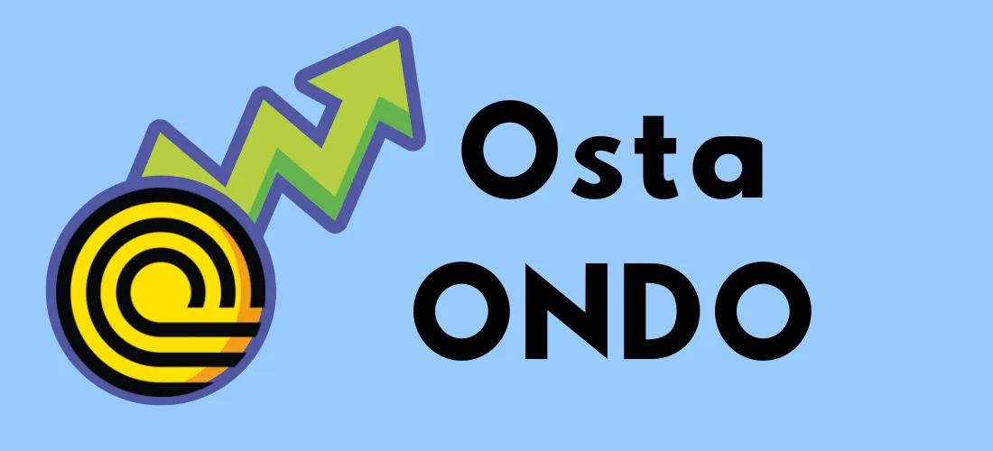 Osta Ondo -kuvitus, jossa ONDO-tokenin logo ja vihreä ylös osoittava nuoli vaaleansinisellä taustalla.