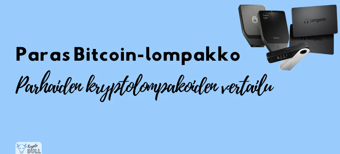 Laitelompakot Ledger Nano X, Trezor Safe 5 ja Tangem sekä otsikko ”Paras Bitcoin-lompakko”