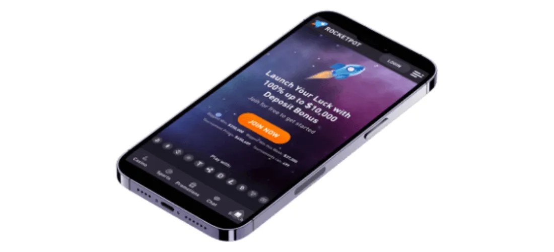 RocketPotin mobiilisivusto iPhonen näytöllä, esillä tervetuliaisbonus 100 % aina 10 000 dollariin asti.