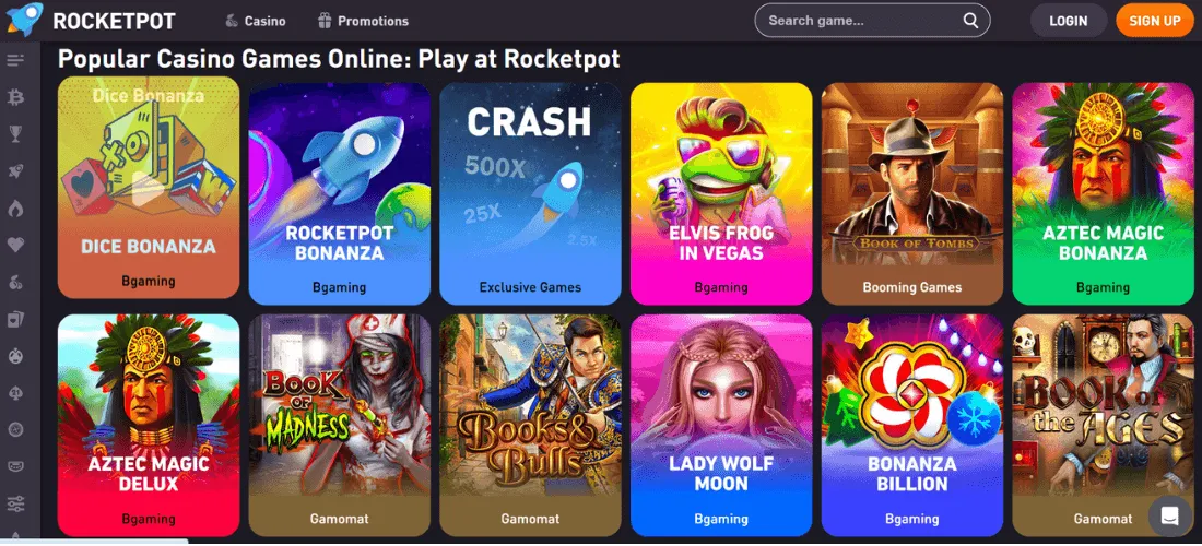 RocketPotin suosituimpia kolikkopelejä, kuten Dice Bonanza, Crash, Elvis Frog in Vegas ja Book of Madness.