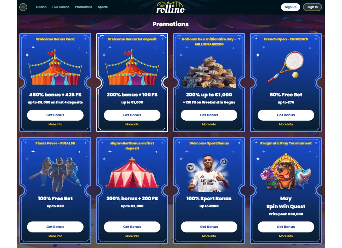 Näyttökuva Rollino Casinon kampanjasivulta, jossa esitellään useita erilaisia bonuksia ja tarjouksia.