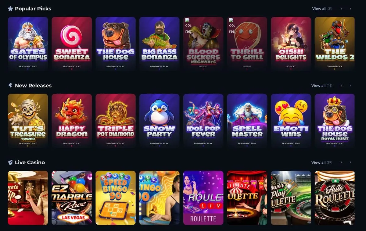 Rollion.betin pelivalikoima, jossa näkyvät Popular Picks, New Releases ja Live Casino