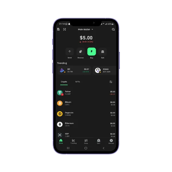 Trust Wallet -sovellus puhelimessa, saldo ja lista kryptovaluutoista