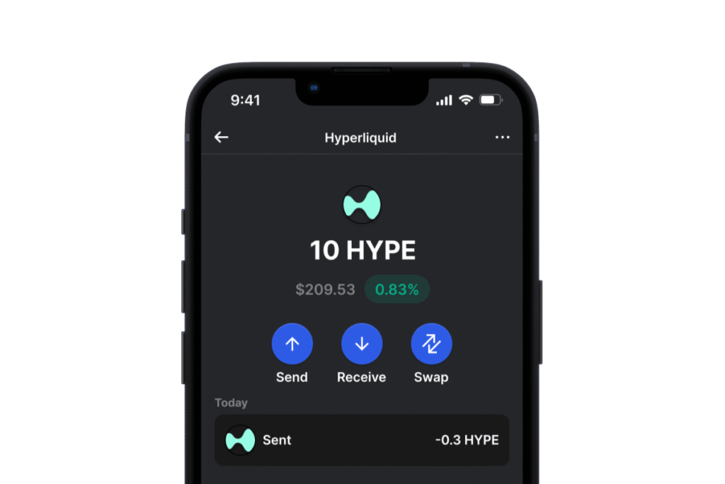 Kännykän ruudulla teksti 10 HYPE, sekä toiminnot kuten send, receive ja swap, kyseessä hyperliquid-sovellus
