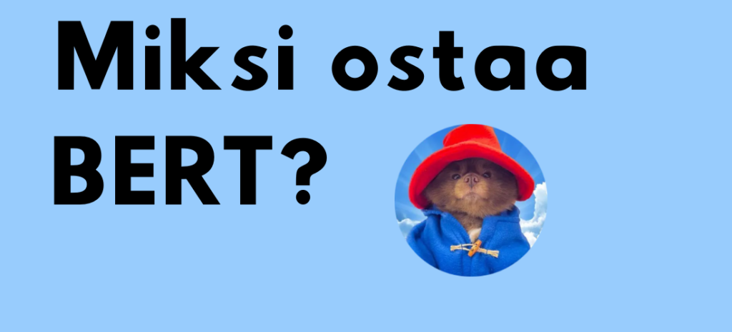 Miksi ostaa bert tesksti sinisellä taustalla sekä BERT-kryptovaluutan logo (paddington-karhun näköinen lemmikki)