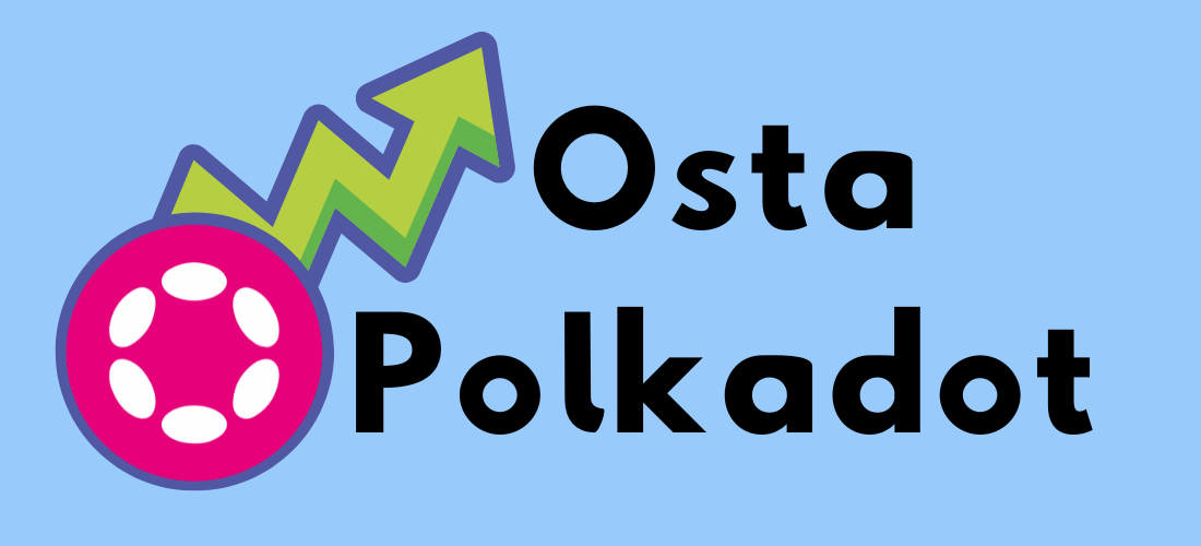 Osta Polkadot -grafiikka, jossa näkyy Polkadotin pinkki logo ja vihreä nousunuoli vaaleansinisellä taustalla.