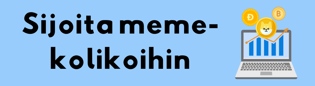 Teksti "Sijoita meme-kolikoihin" ja oikealla piirros kannettavasta tietokoneesta, jonka näytöllä on kasvava kaavio ja kolikoita (Dogecoin ja Bitcoin).