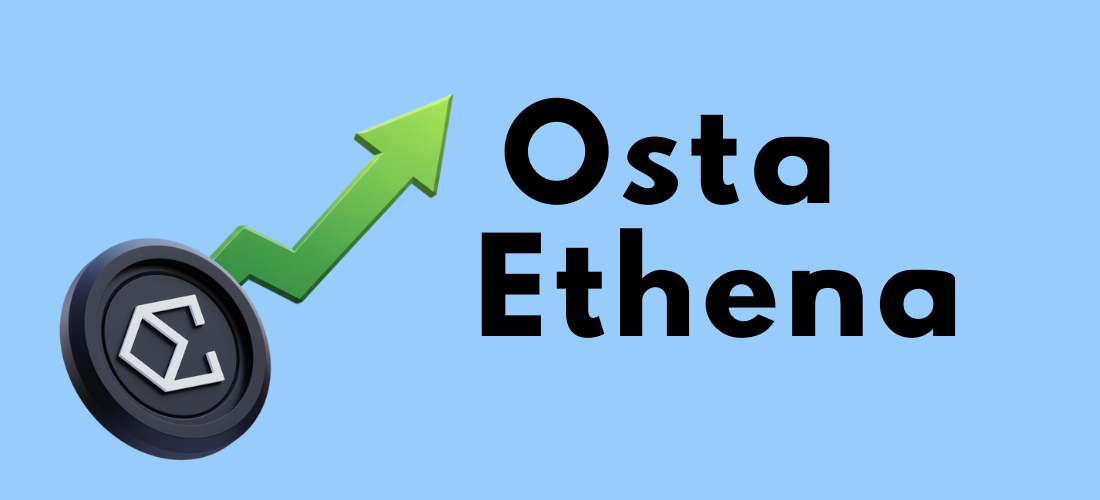 Osta Ethena -teksti sinisellä taustalla, vieressä vihreä ylöspäin nouseva nuoli, sekä ethenan logo