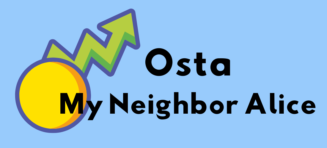 Graafinen kuva, jossa lukee "Osta My Neighbor Alice" ja nuolimainen symboli nousee ympyrästä.