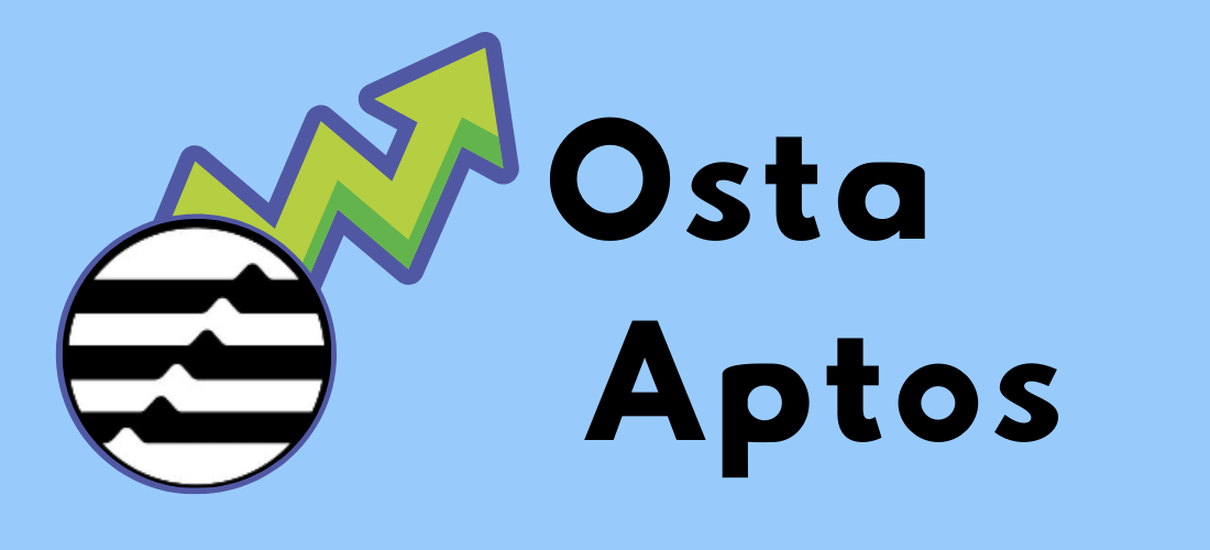 Osta Aptos -kuvitus, jossa Aptosin logo ja vihreä ylös osoittava nuoli vaaleansinisellä taustalla.