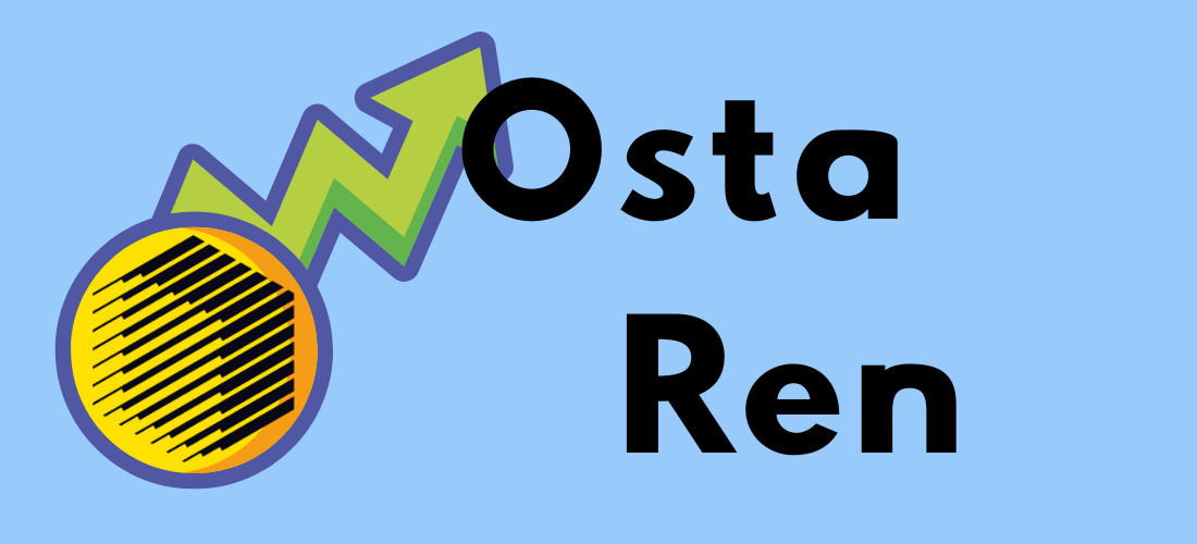 Grafiikka, jossa teksti "Osta Ren" ja nuolimainen kuvio nousee kolikosta.