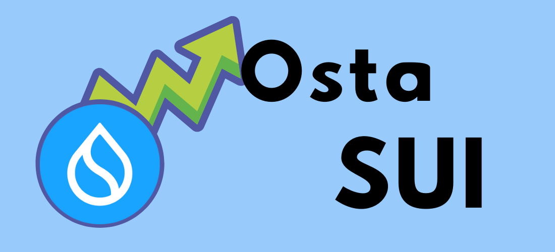 SUI-tokenin sininen logo vihreän nousunuolen edessä, vieressä teksti "Osta SUI" vaaleansinisellä taustalla.
