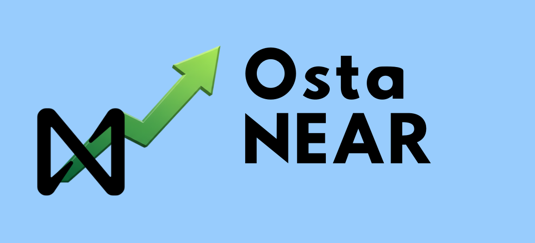 Osta NEAR -teksti, jonka vieressä sekä vihreä ylöspäin nouseva pörssnuoli,että kolikon logo. Tausta on sininen.