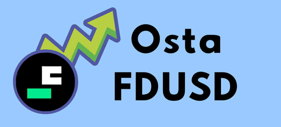 Osta FDUSD -kuvake, jossa on FDUSD-logo mustassa ympyrässä ja vihreä nuoli osoittamassa ylöspäin sinisellä taustalla