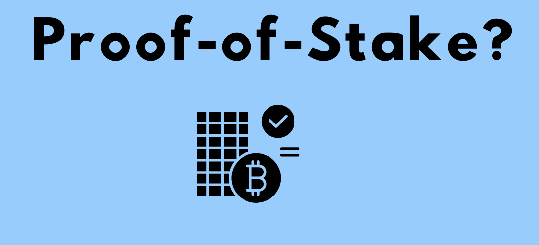 Proof of stake? -teksti skuvan keskiössä, kuvastamassa tiedonhalua aiheesta. Tekstin alapuolella joukko logoja, kuten Bitcoin