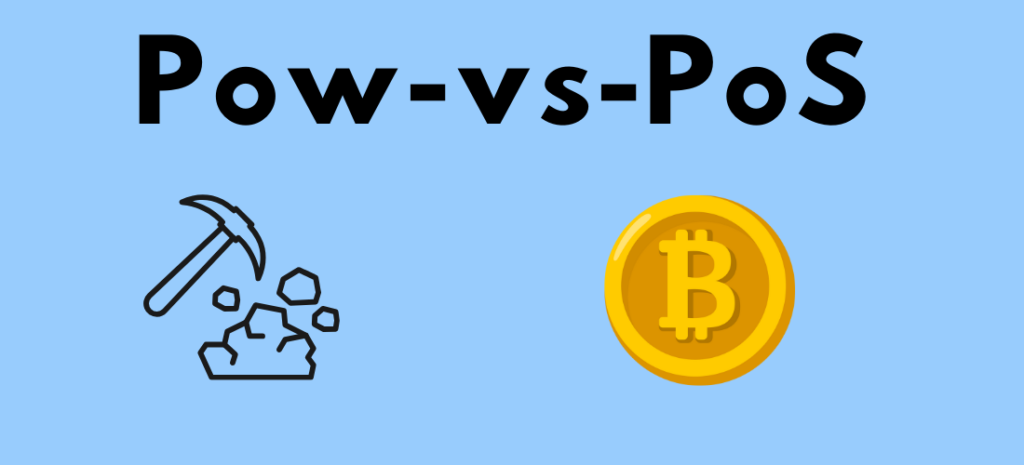 pow vs pos -teksti, jonka allu hakku sekä louhittavana oleva kivi, sekä Bitcoinin logo