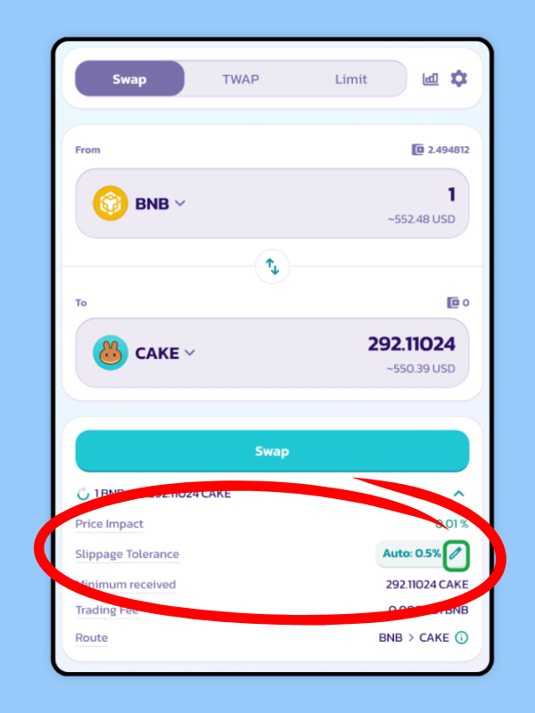 PancakeSwapin vaihtonäkymä, jossa Slippage Tolerance -asetus korostettu punaisella